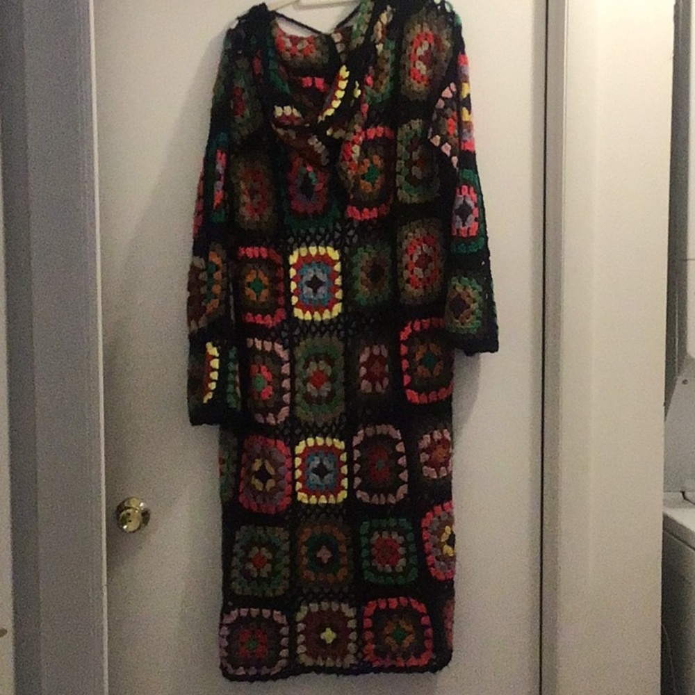 Multicolor Crochet Granny square hooded maxi cardigan one size - Picture 8 of 15